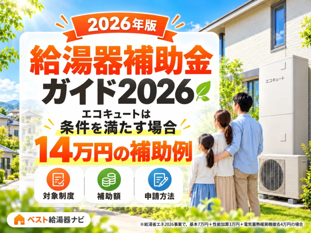 給湯器補助金ガイド2026のアイキャッチ。家族とエコキュートのイメージ、条件を満たす場合の14万円の補助例を表示