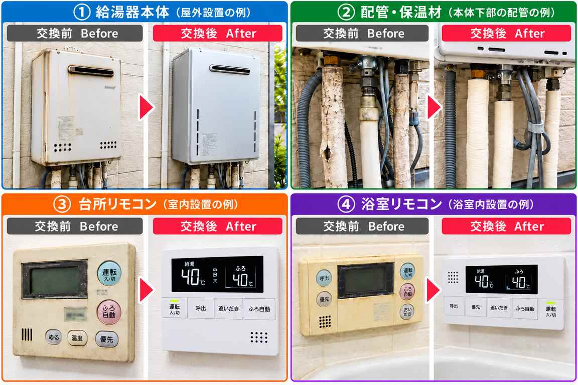 給湯器本体、配管・保温材、台所リモコン、浴室リモコンの交換前後を並べた4組のAI生成参考比較画像